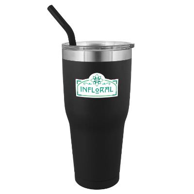 Black tumbler with a full color imprint.