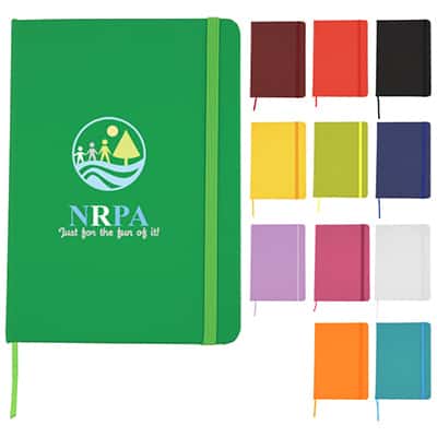 PVC kelly green 5x7 daily notebook with printed full color logo.