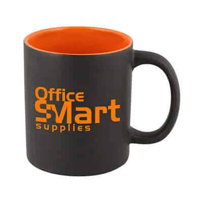 Ceramic black with orange coffee mug with c-handle and custom branding in 11 ounces.