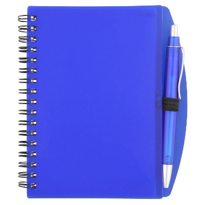 Flexible blue notebook with matching pen and sticky notes.