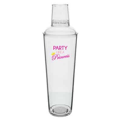 Acrylic clear cocktail shaker with custom full-color logo in 24 ounces.