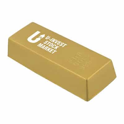 Foam gold bar stress reliever logoed with promo.
