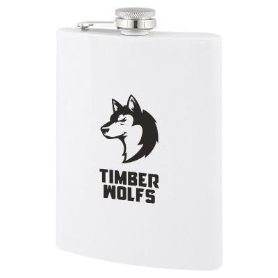 White flask with custom logo in 8 ounces.