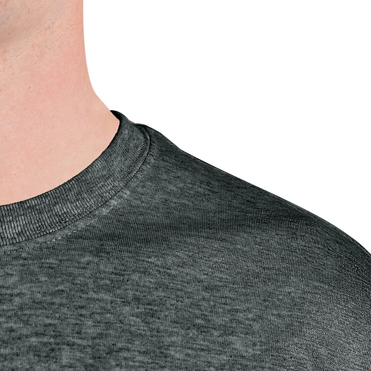 Dark heather imprinted custom logoed short sleeve shirt.