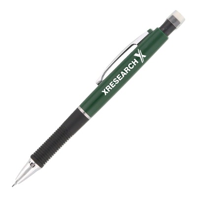 Green mechancial pencil with black grip and custom imprint.