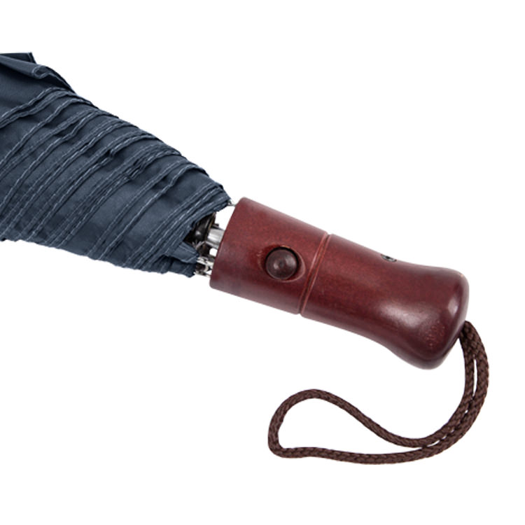 Nylon 44 inch umbrella with wooden handle.