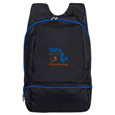 Black and blue backpack with embroidered logo.