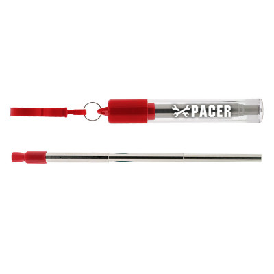 Red stainless steel straw with custom logo.