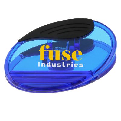 Plastic translucent blue oval magnet chip clip full color logoed.