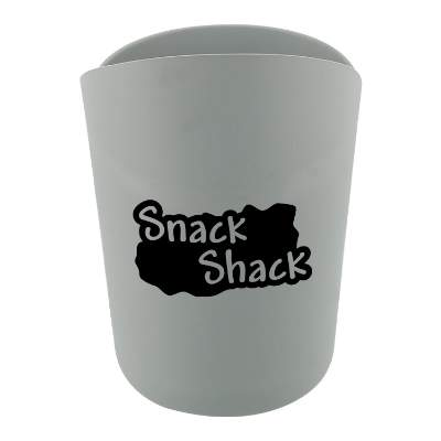 Gray silicone snack container with custom promotional logo.
