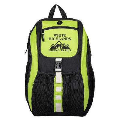 Lime green backpack with custom logo.