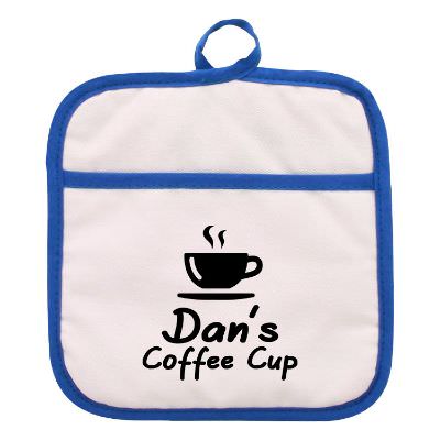 White with blue trim therma-grip magnetic pocket pot holder with printed logo.