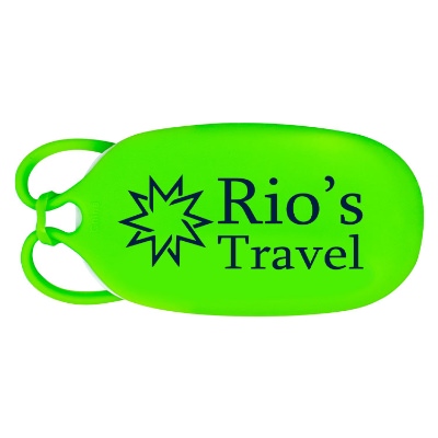 Green oval luggage tag with custom logo.