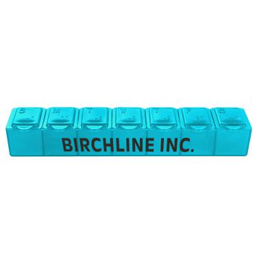 Plastic light blue pill box with a custom logo.