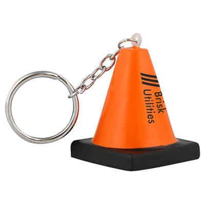Foam traffic cone stress reliever key ring with imprinting.