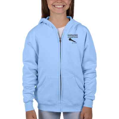 Custom light blue youth full-zip hooded sweatshirt with logo.