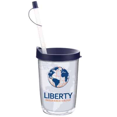Arcylic clear with navy blue tumbler with custom full-color imprint in 14 ounces.
