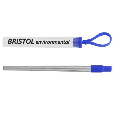 Telescopic blue and stainless straw with custom logo on case.