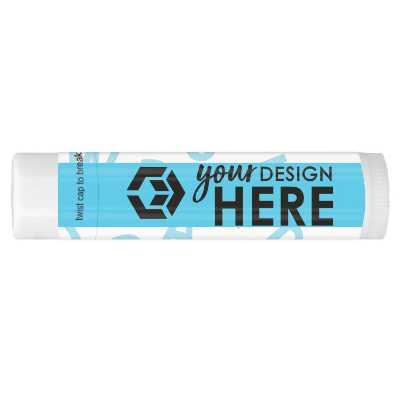 White background branded optometry lip balm with letters.