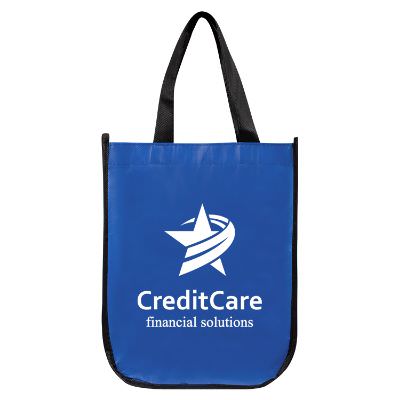 Laminated polypropylene blue star struck tote with customized imprint.