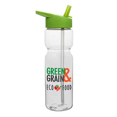 Plastic clear water bottle with custom full-color design and flip straw lid in 28 ounces.