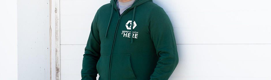 Promotional jackets green full zip up jacket with white imprint