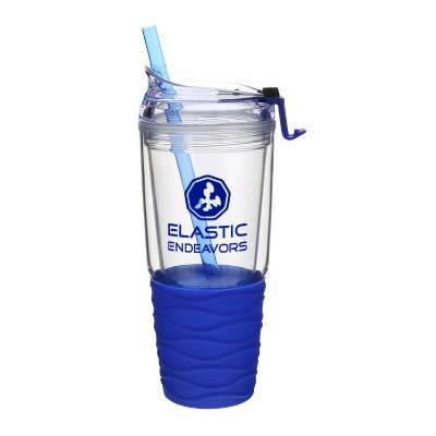 Clear tumbler with blue silicone and custom imprint.