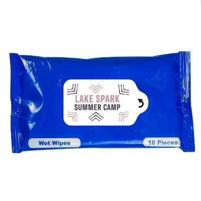 Plastic blue wet wipe packet with a personalized logo.