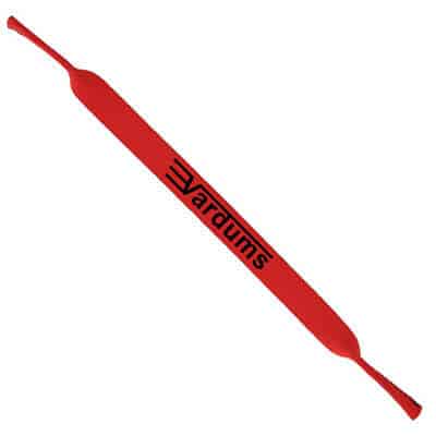 Laminated neoprene red secure sunglasses strap with custom imprint.