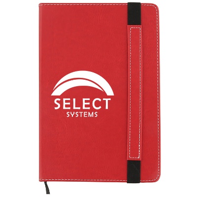 Polyurethane red strappy journal with printed imprint.