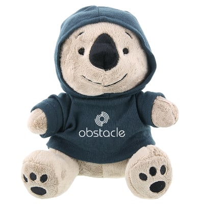 Plush and cotton koala with navy hoodie with personalized logo.