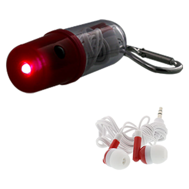 Plastic earbuds and flashlight case.