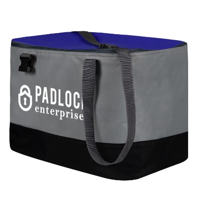 Polyester insulated royal blue cooler bag with custom imprint.