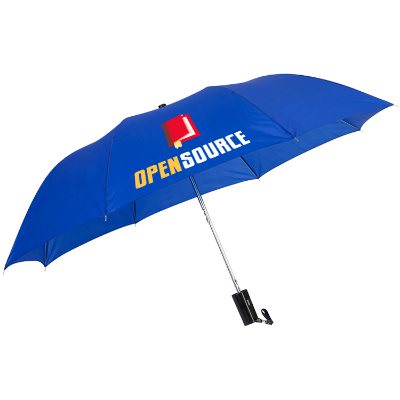 Blue 36 inch folding automatic umbrella with wrist strap and full color logo.