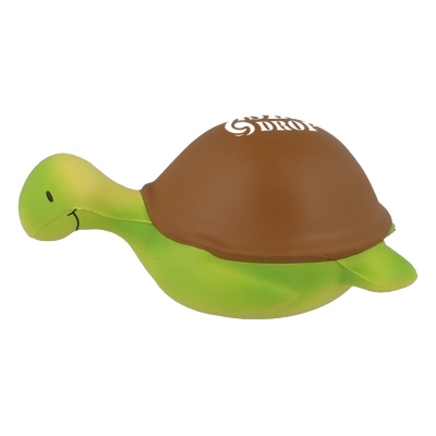 Brown with green foam stress ball with a custom logo.