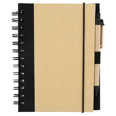 Cardboard natural and black eco notebook with pen blank.