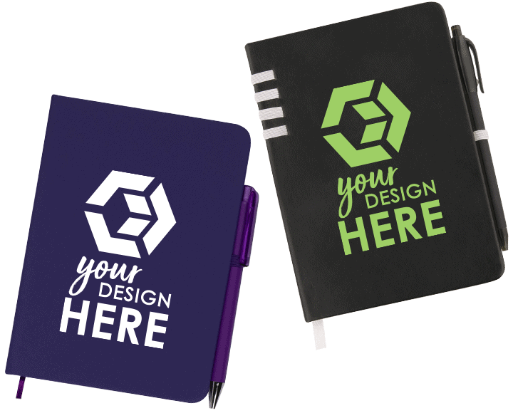 Purple custom leather notebooks with logo in white and black custom leather journals with lime green imprint
