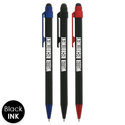 Matte black pen with colored accents and custom logo.