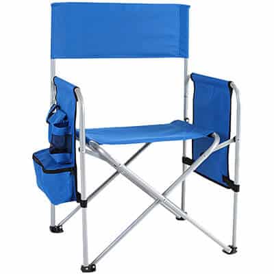 Royal blue director's folding chair with side pockets.