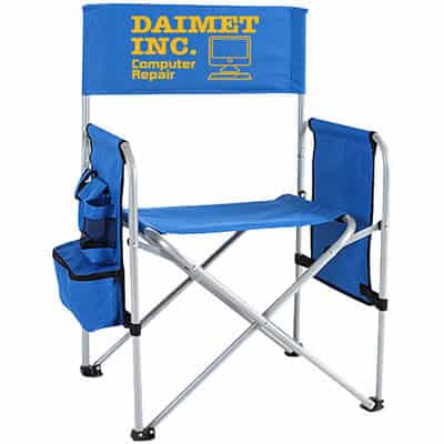 Branded royal blue director's folding chair with side pockets.