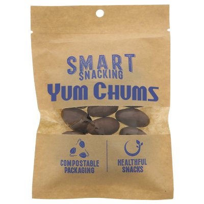 Personalized chocolate almonds in natural compostable kraft pouch.