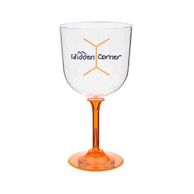 Acrylic orange goblet with custom full-color imprint in 14 ounces.