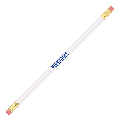 White pencil with custom logo and double ended erasers.
