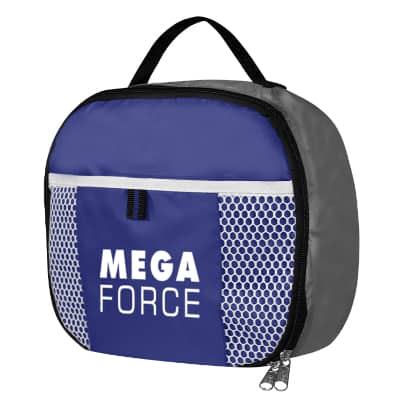 Royal blue polyester lunchtime bag with custom design.