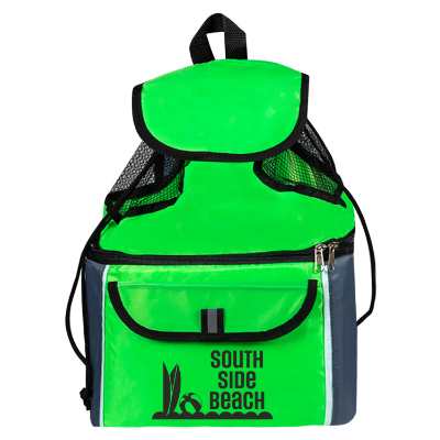Green backpack cooler with custom logo.