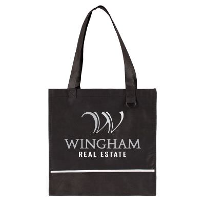 Non-woven polypropylene black color accent tote with custom full color logo.