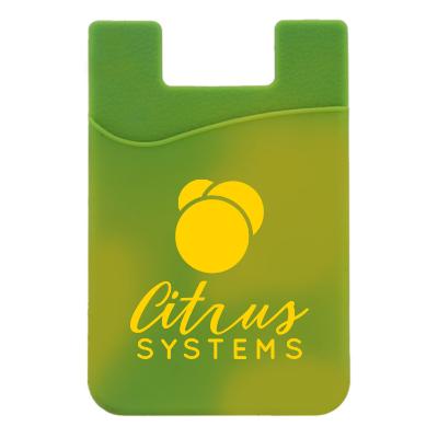 Silicone changing green to yellow phone wallet with logo.