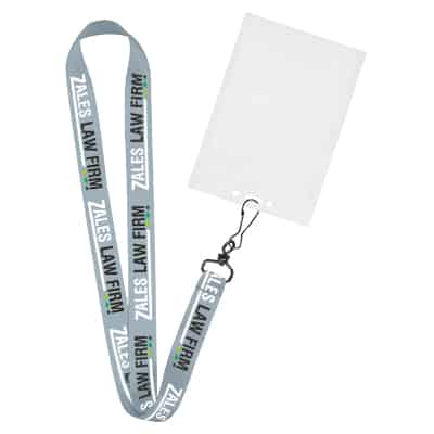3/4 inch satin polyester full-color custom design lanyard with black j-hook and vertical ID holder.