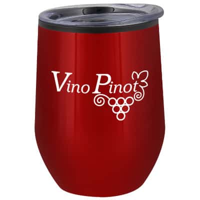 Stainless steel red tumbler with custom print in 12 ounces.
