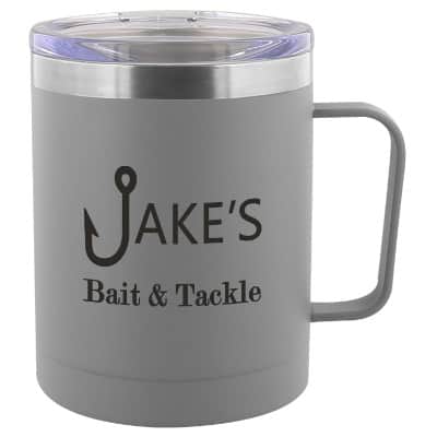 Stainless steel gray travel mug with custom imprint in 12 ounces.